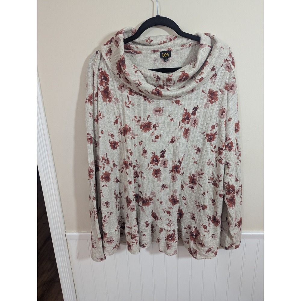 Lee Cowl Neck Top 3X Tan Floral Ruffle Hem Ribbed Knit CS11702VFW‎ Fall